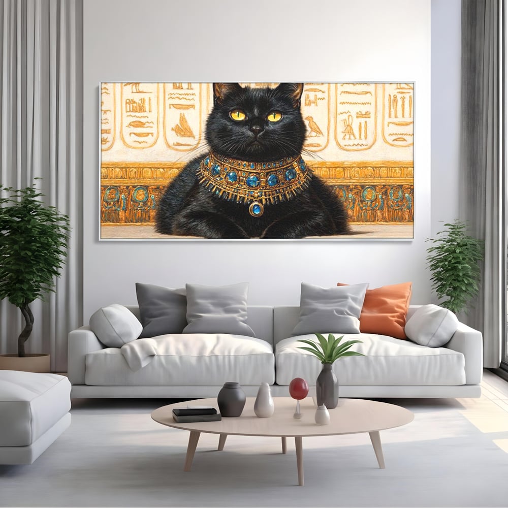 Tablou canvas cu tablou canvas cu pisica neagra egipteana, in rama de aluminiu argintiu, pe perete intr-un living